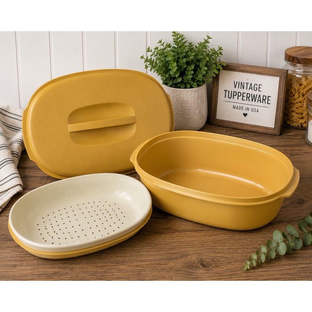 Vintage Tupperware Lettuce Crisper Harvest Gold Produce Keeper Colander Insert